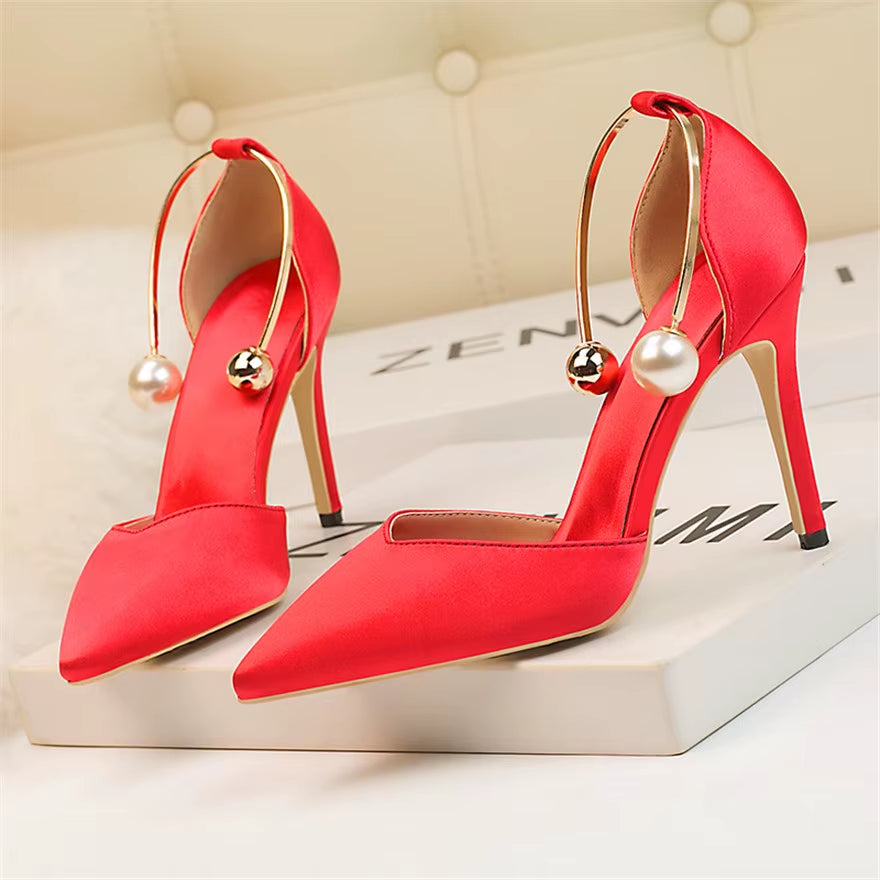 2025 New Elegant Pearl Metal Buckle High Heels Women Sandals Korean Fashion Soft Silk Pointed Ladies Shoes Party Sandals Shallow