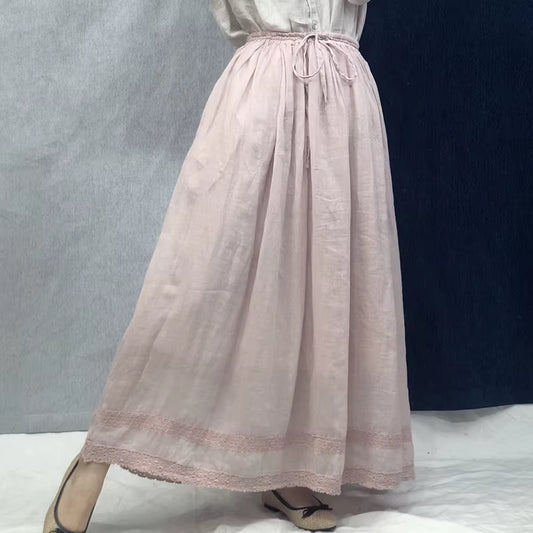 2025 New Linen Vintage Solid Color Patchwork Embroidery Skirts Summer Loose Elastic Waist Tie Women Skirts