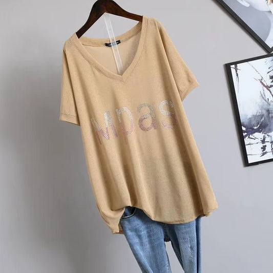 2024 Summer New Womens T-Shirt Korean Loose Oversized T-Shirt Large Size Diamond V-Neck Covering Belly Short Sleeve Tshirt Women