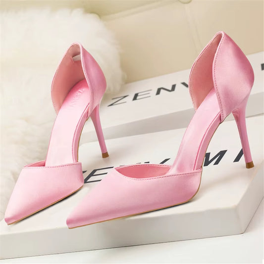 2025 Korean Elegant Solid Silk Shallow Women Sandals Black Pink High Heels Summer Pumps Pointed Sexy Hollow Office Ladies Shoes